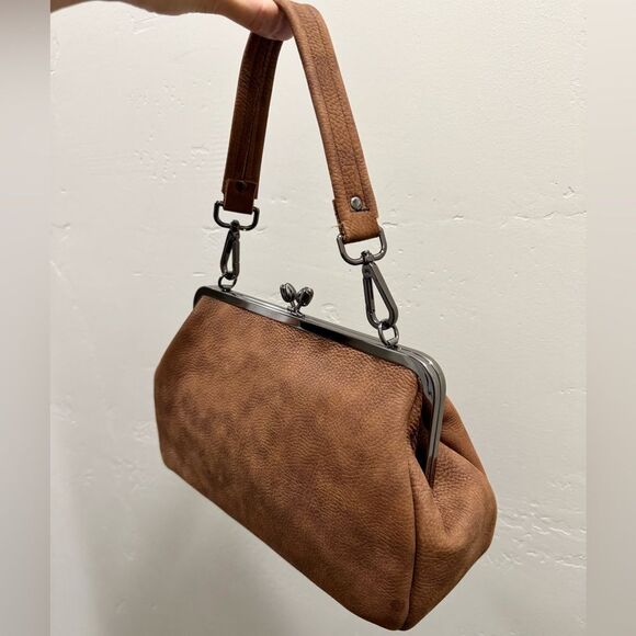 Brown Nubuck Cowhide Handmade “Tulip” Shaped Kisslock Handbag & 2 Strap Styles - Picture 11 of 15